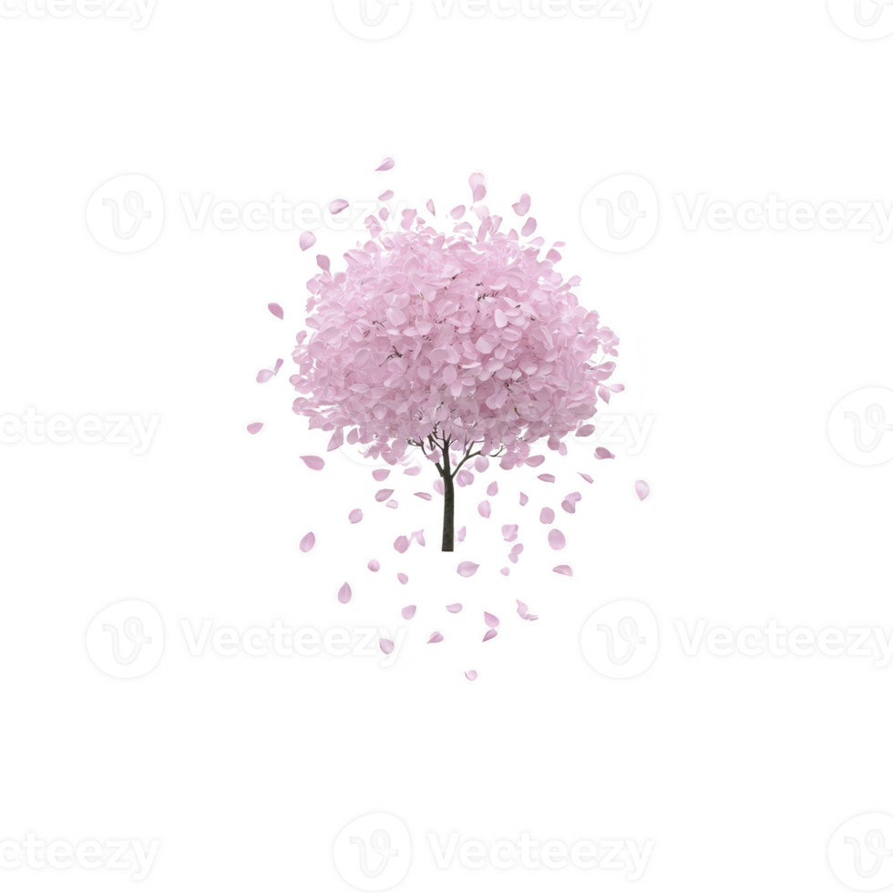 Pink cherry blossom tree with delicate petals falling gracefully, creating serene and peaceful atmosphere. tree stands alone, symbolizing beauty and tranquility png