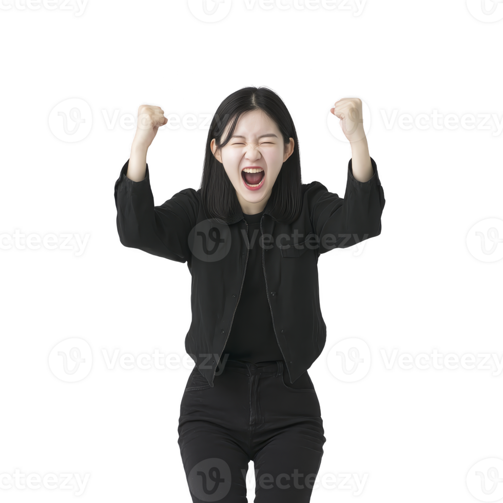 Woman in black outfit is expressing excitement with her fists raised and mouth open, conveying sense of triumph and joy. background is transparent, highlighting her enthusiastic pose png