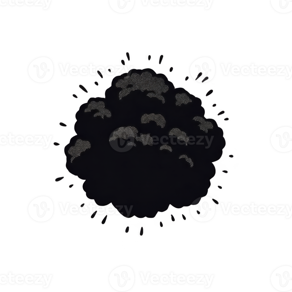 Cartoon style explosion with cloud of smoke and debris, depicted in grayscale, conveys dynamic and energetic effect. illustration is simple yet expressive png