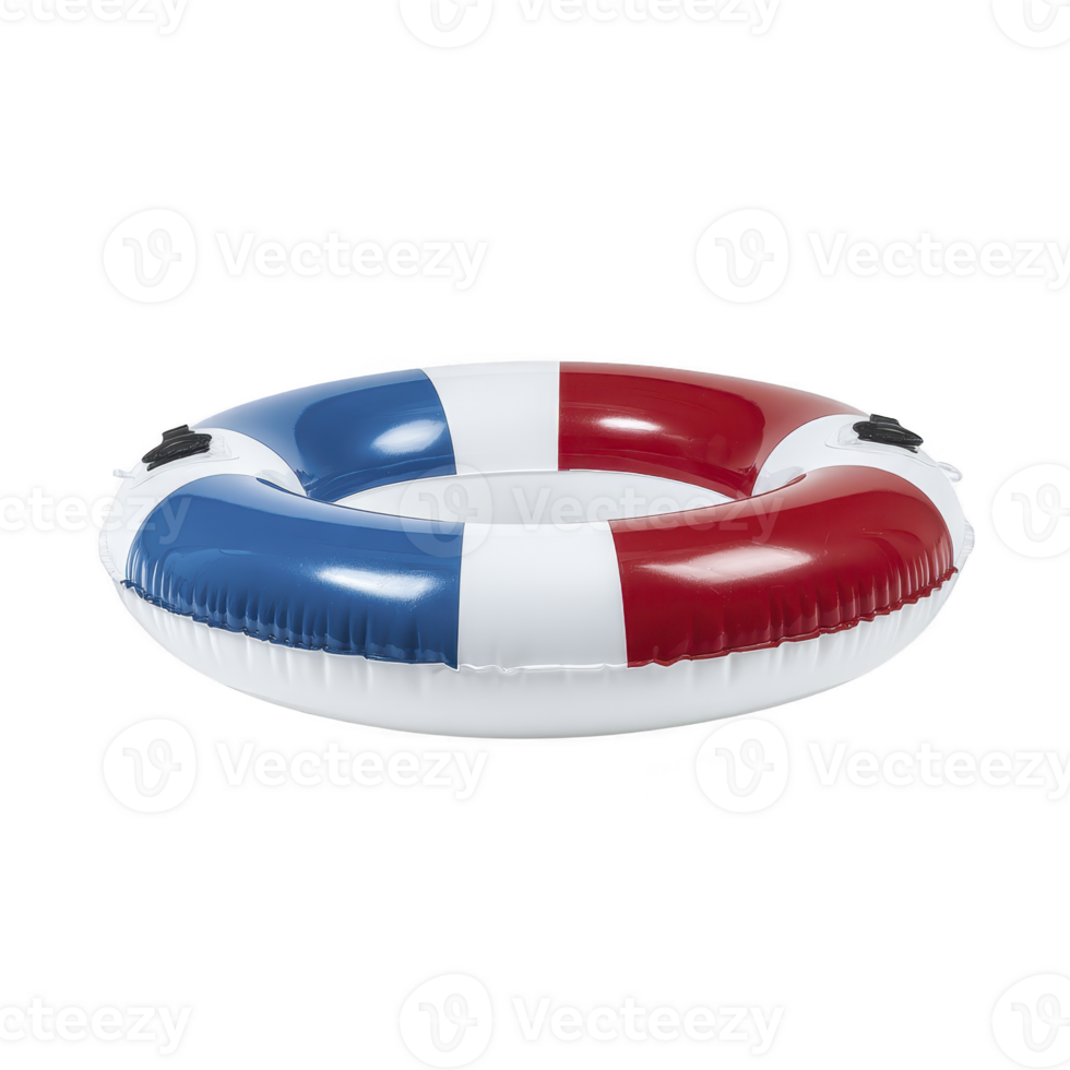 Colorful inflatable pool float with red, white, and blue sections, featuring handles for easy carrying. Perfect for summer relaxation and water fun png
