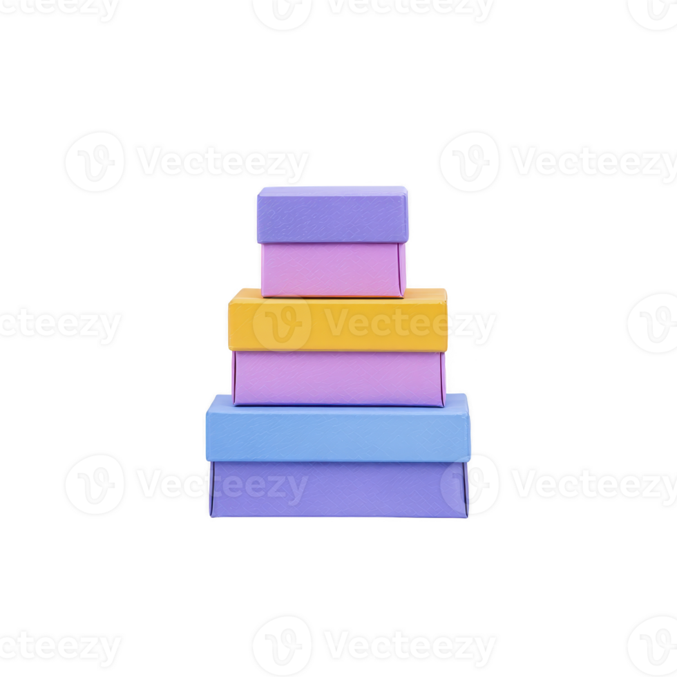 Colorful stack of four gift boxes in pastel shades of purple, pink, yellow, and blue, arranged in pyramid shape. boxes are neatly aligned, creating visually appealing and cheerful display png
