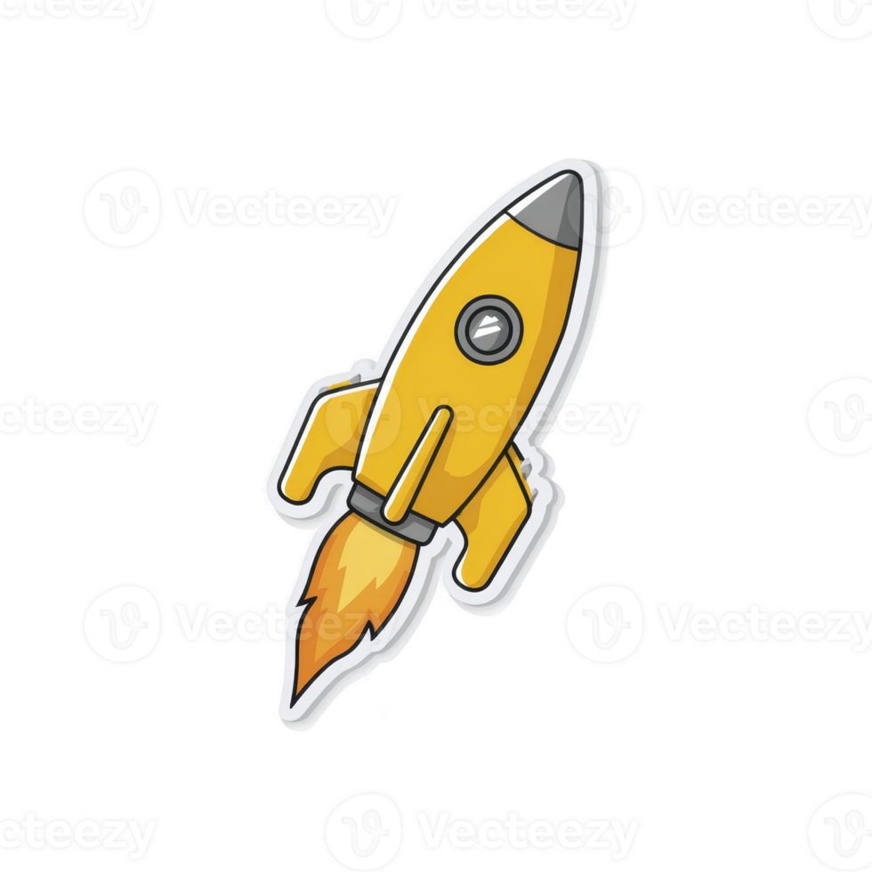 Yellow cartoon rocket with fiery trail, symbolizing adventure and exploration. playful design features circular window and fins, set against transparent background png