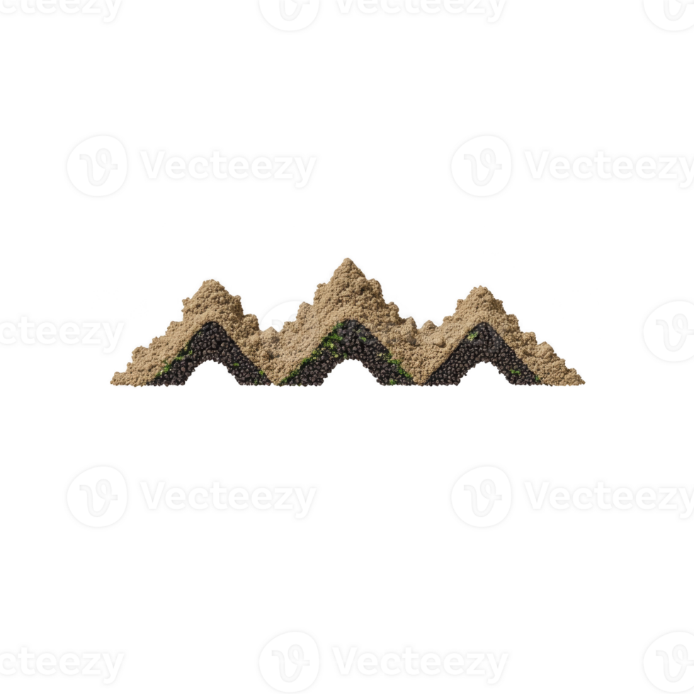 Row of triangular sand piles forms zigzag pattern against transparency background, creating geometric and textured visual. arrangement highlights contrast between sand and dark backdrop png