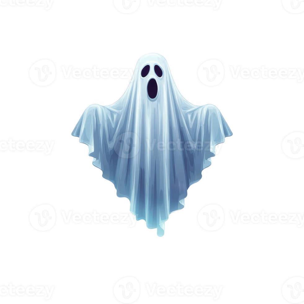 Cartoon ghost with white sheet and surprised expression floats against transparent background, evoking spooky yet playful Halloween theme png