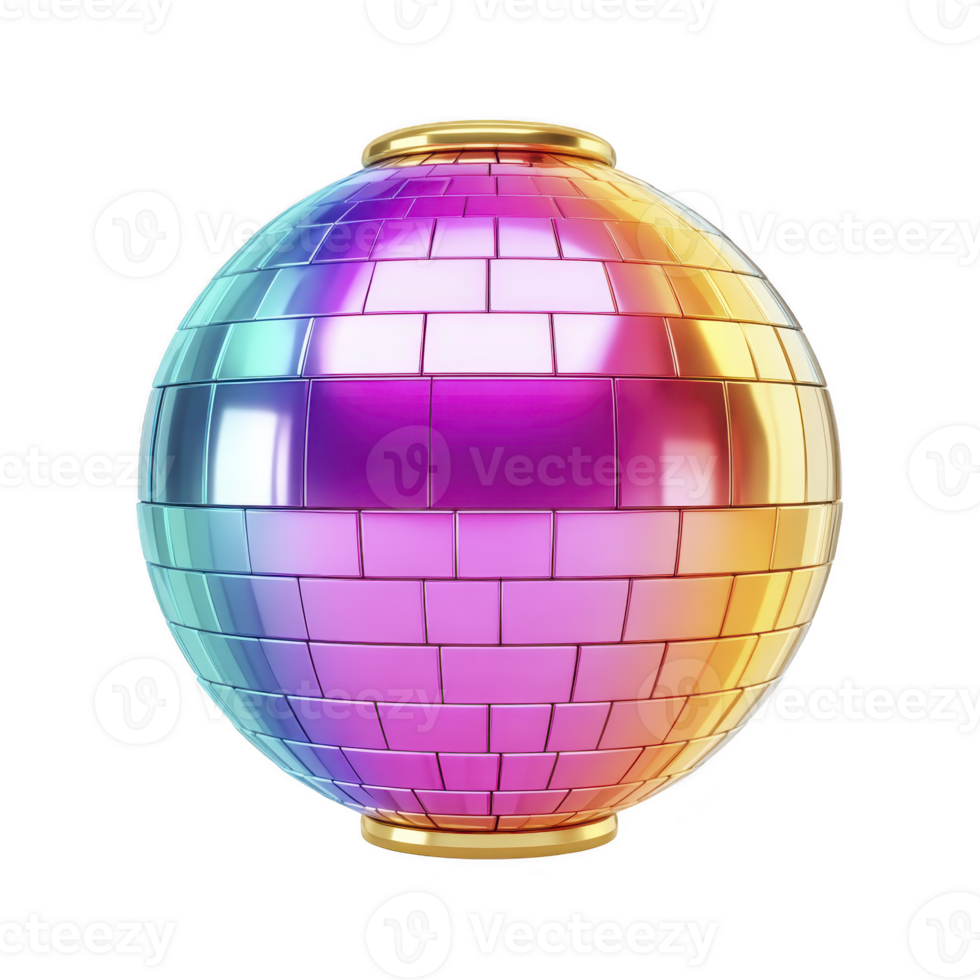 Vibrant, multicolored disco ball with reflective surface, showcasing gradient of pink, blue, and gold hues, perfect for party or dance themed designs png