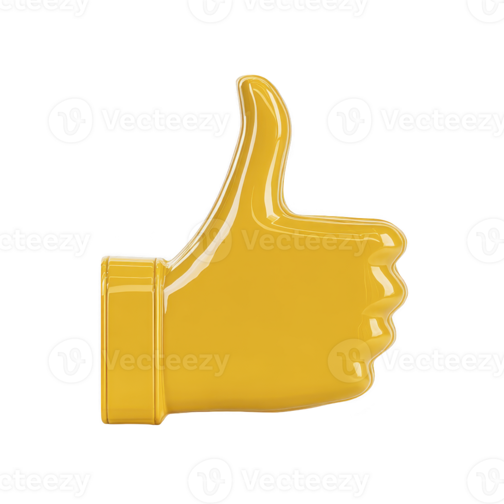 Shiny yellow thumbs up icon with glossy finish, symbolizing approval or agreement. 3D design adds modern touch, making it suitable for digital communication or social media use png