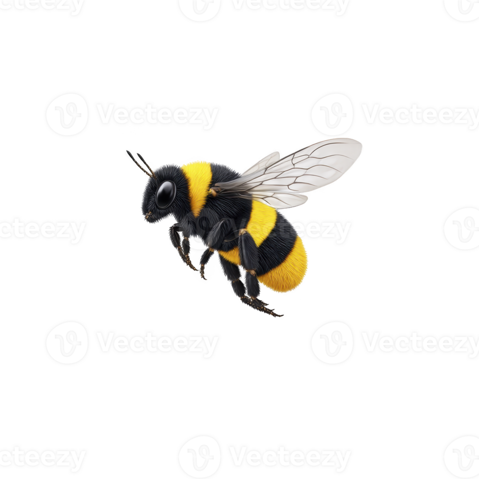 Realistic illustration of bumblebee with detailed wings and vibrant yellow and black stripes, showcasing its natural beauty and intricate design png