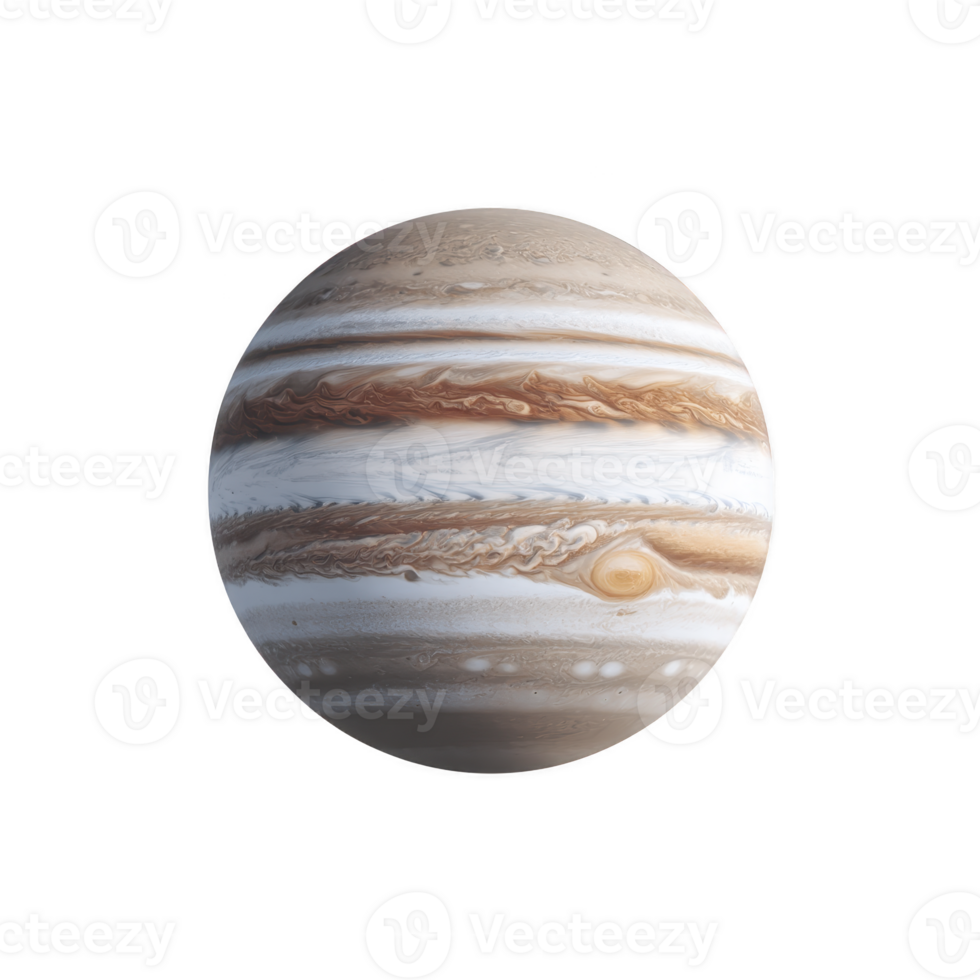 Jupiter, largest planet in our solar system, is depicted with its iconic swirling clouds and Great Red Spot, showcasing its majestic and dynamic atmosphere png