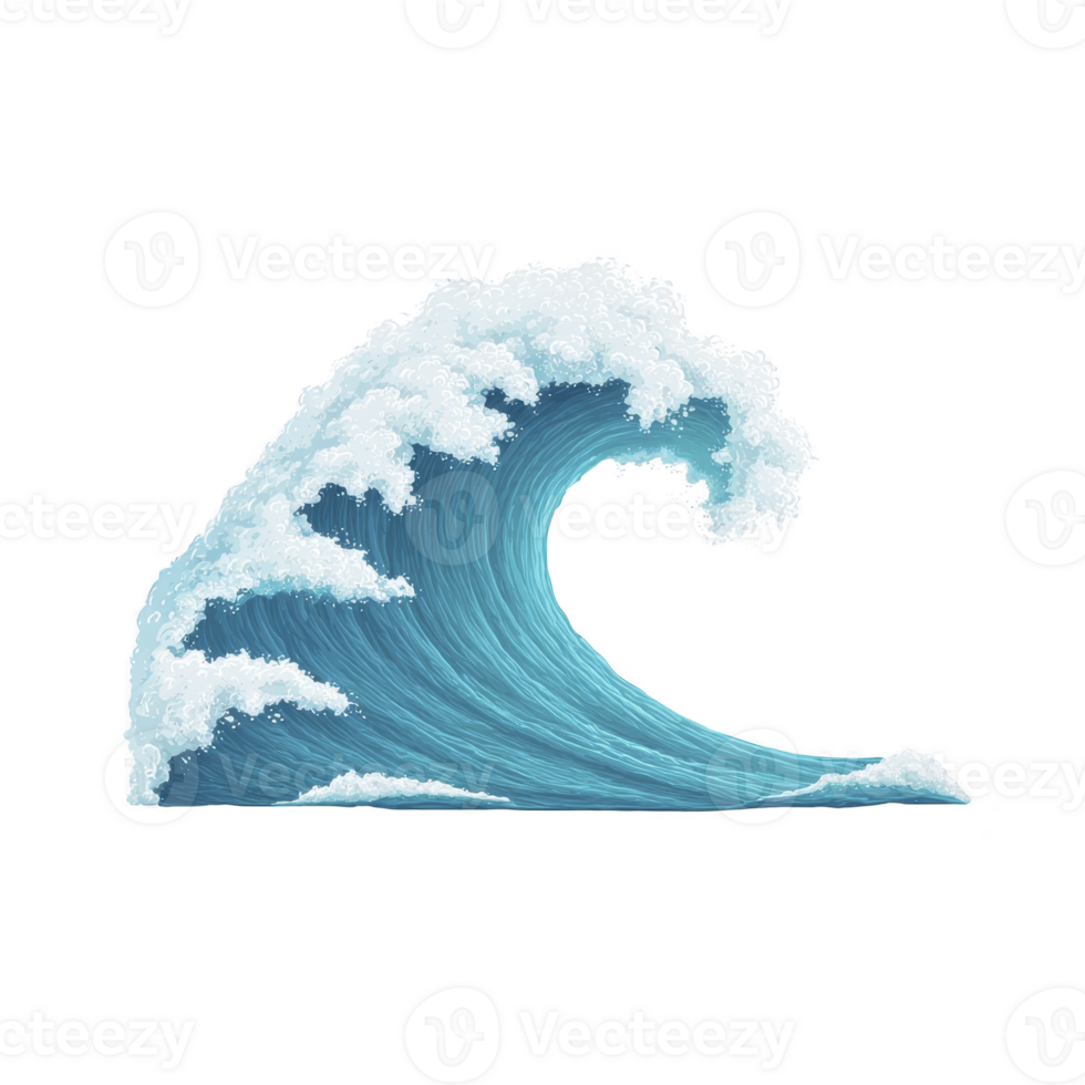 Stylized illustration of large ocean wave with frothy white foam, capturing dynamic movement and energy of sea. wave is depicted in shades of blue, emphasizing its power and beauty png