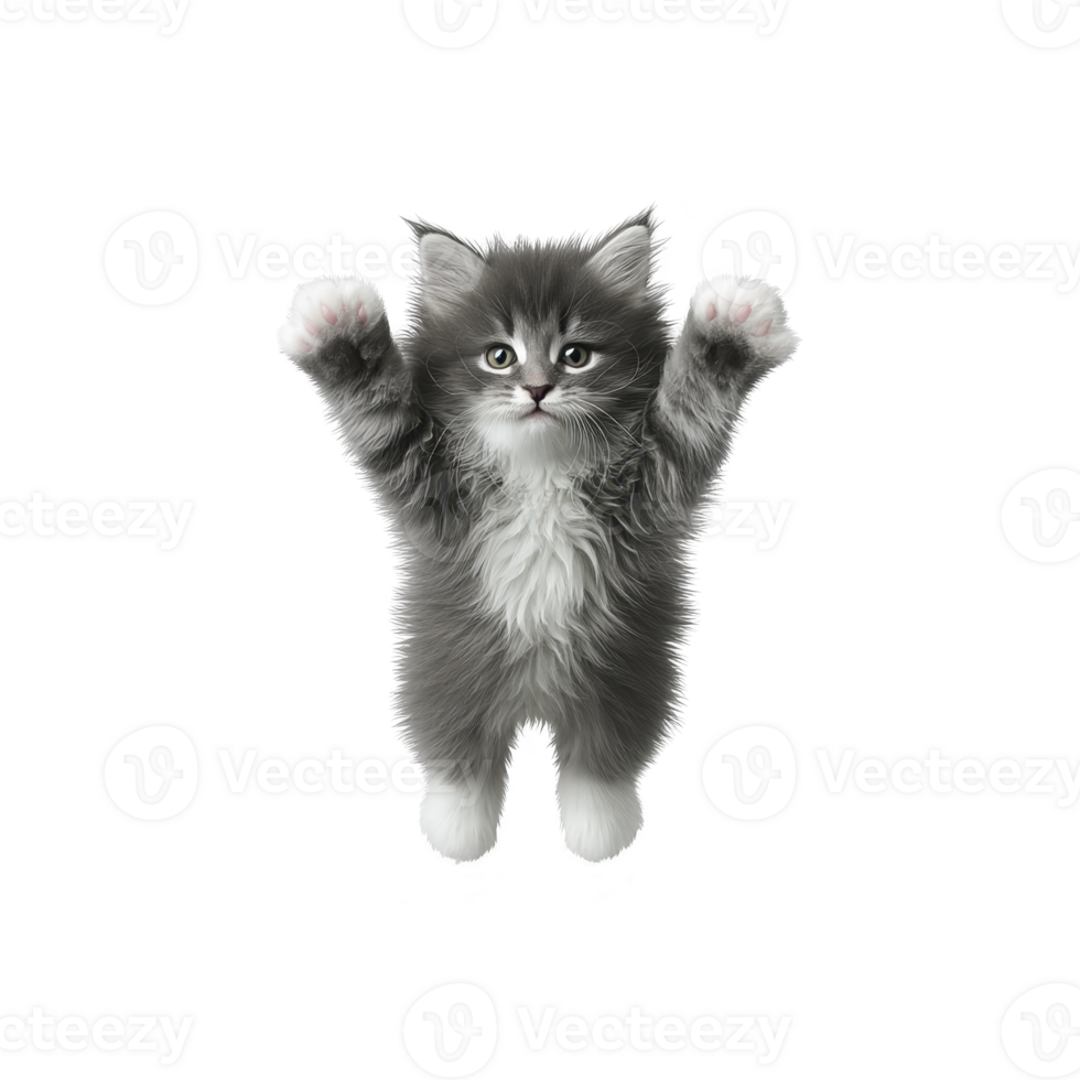 Fluffy gray and white kitten stands on its hind legs with paws raised, looking playful and curious. kitten fur is soft and its expression is endearing png