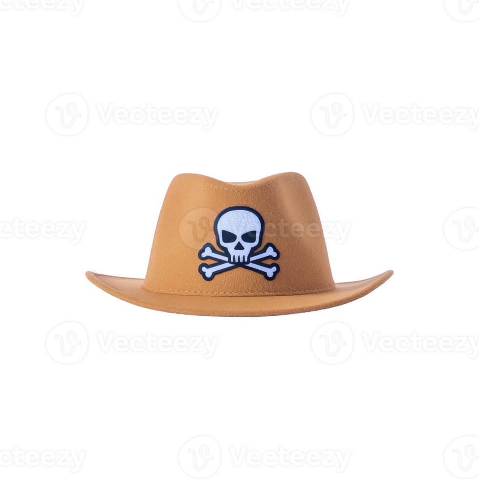 Brown cowboy hat with skull and crossbones emblem on front, creating playful and adventurous vibe. hat wide brim and unique design make it standout accessory png