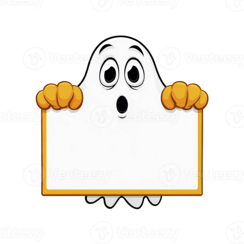 Cute cartoon ghost with wide eyes and orange hands holds blank sign, perfect for adding text or messages. ghost expression is playful and inviting, making it ideal for Halloween themed designs png