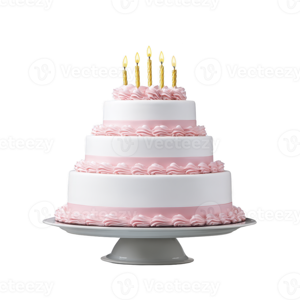 Beautifully decorated three tiered cake with pink frosting and six lit candles on top, perfect for celebration or birthday party. cake is displayed on white cake stand png
