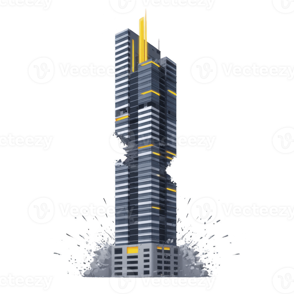 Modern skyscraper with unique design features mix of blue and yellow accents, standing tall amidst dynamic splash effect, conveying energy and innovation png