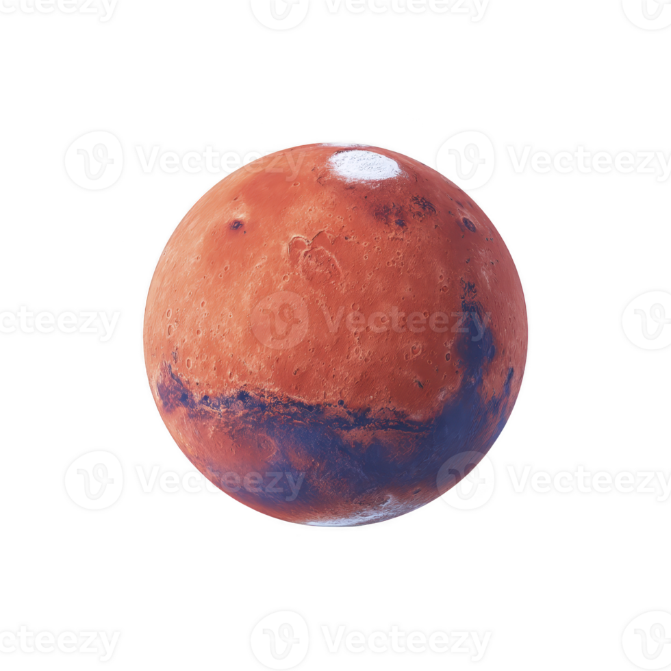 Detailed image of planet Mars, showcasing its reddish surface and polar ice cap, isolated on transparency background. planet surface features craters and valleys png