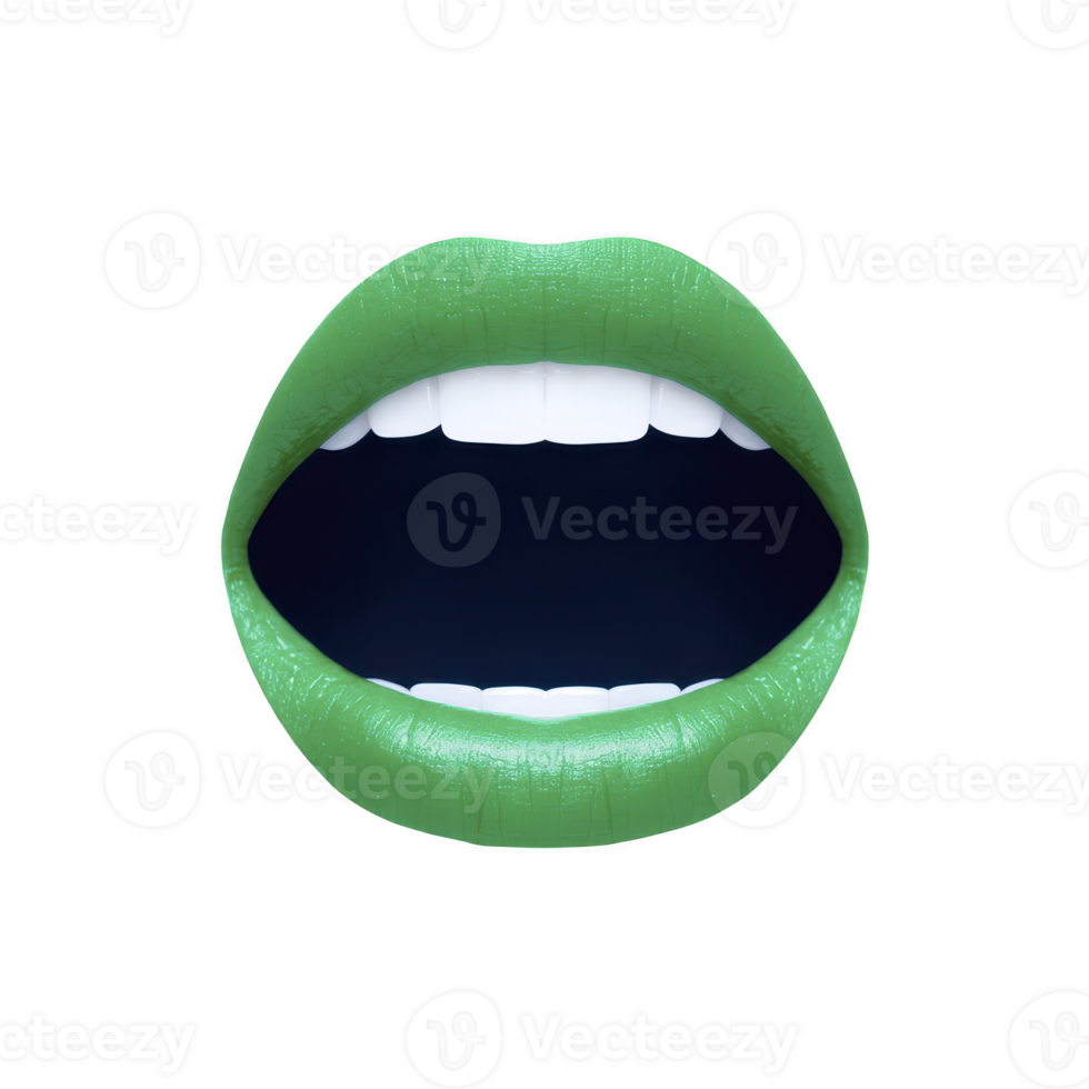 Vibrant image of green lips with wide open mouth, showcasing white teeth against transparency background. bold color and contrast create striking visual effect png