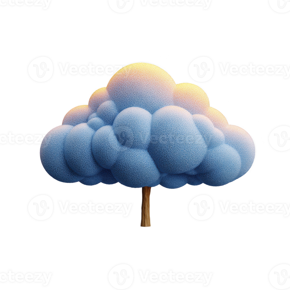Whimsical, fluffy tree with cloud like canopy in soft blue and hints of yellow, creating dreamy, surreal atmosphere. tree trunk is slender and simple, adding to fantasy feel png