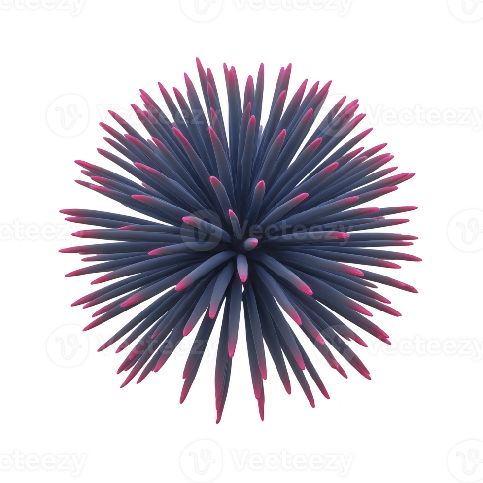 Vibrant, abstract 3D rendering of spiky, spherical shape with gradient of blue to pink hues, resembling sea urchin or modern art sculpture png