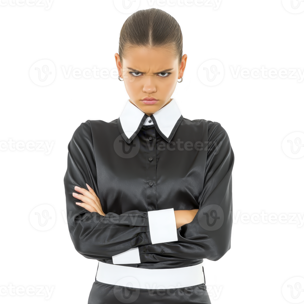 Woman with stern expression stands with arms crossed, wearing black blouse with white cuffs and collar. Her hair is slicked back, emphasizing her serious demeanor png
