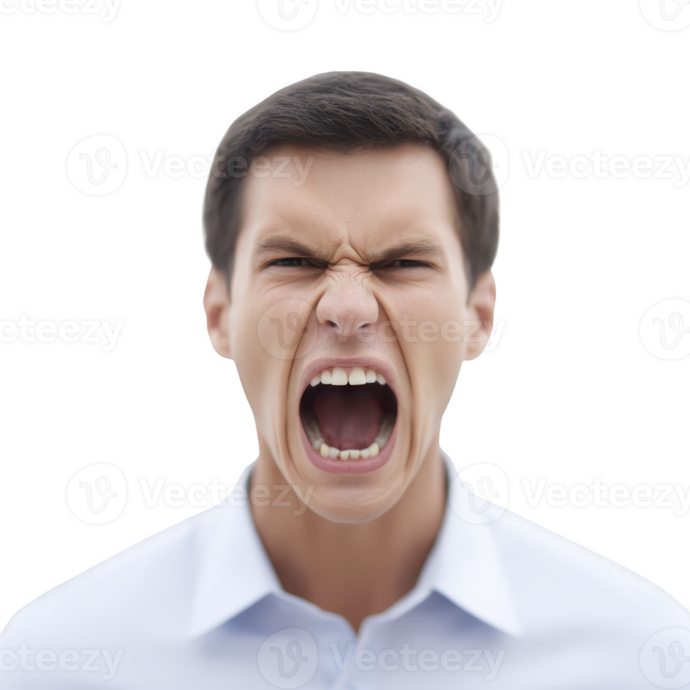 Man in white shirt is expressing intense anger, with his mouth wide open as if shouting. background is plain, emphasizing his emotional expression png
