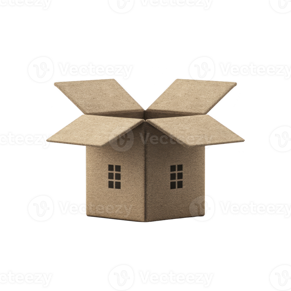 Open cardboard box with window cutouts resembles small house, symbolizing creativity and innovation. box is made of brown corrugated material, suggesting eco friendliness png