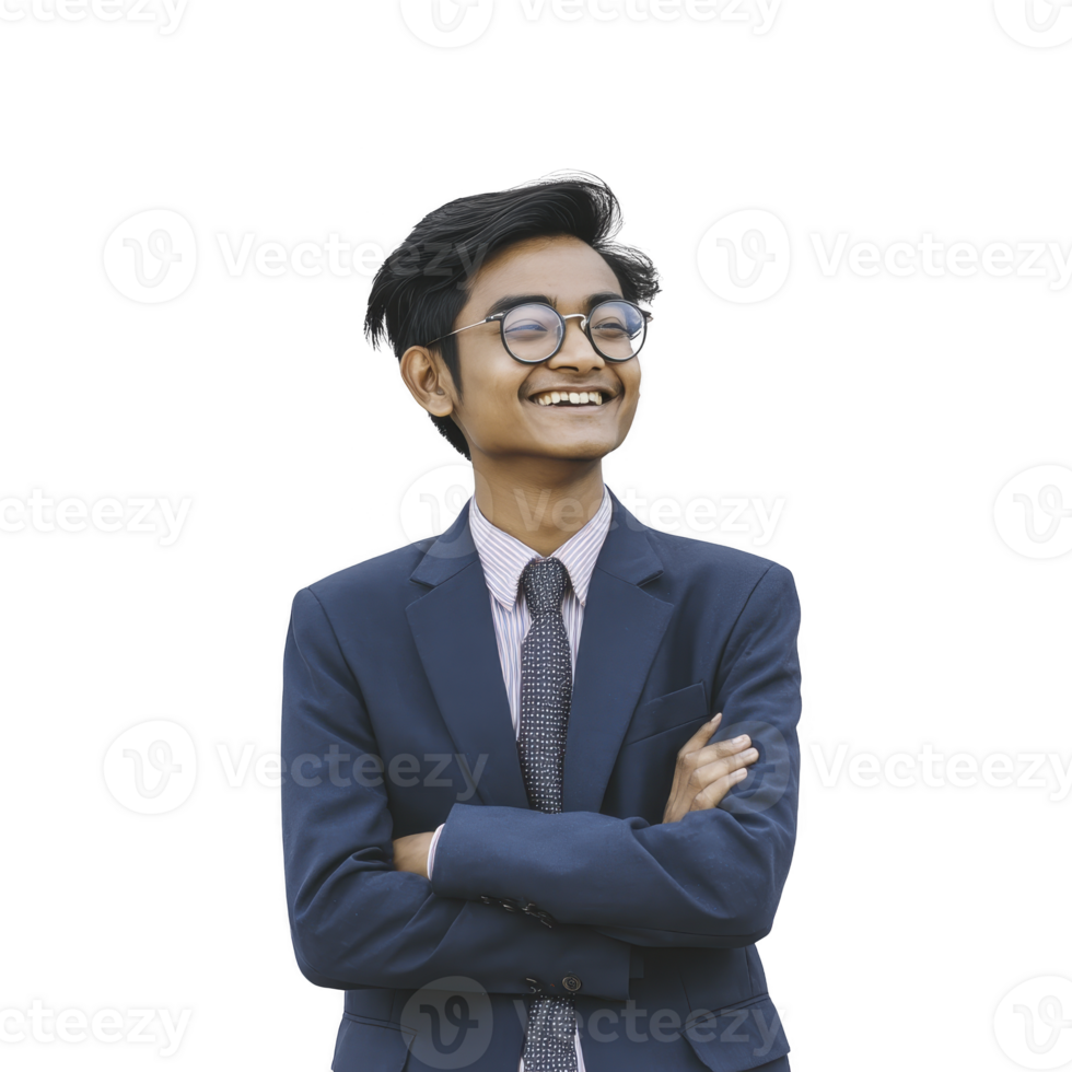 I dont know who this person is, but I can help with description and keywords for image.A young man suit and tie stands confidently with arms crossed, smiling. He wears glasses and has short png