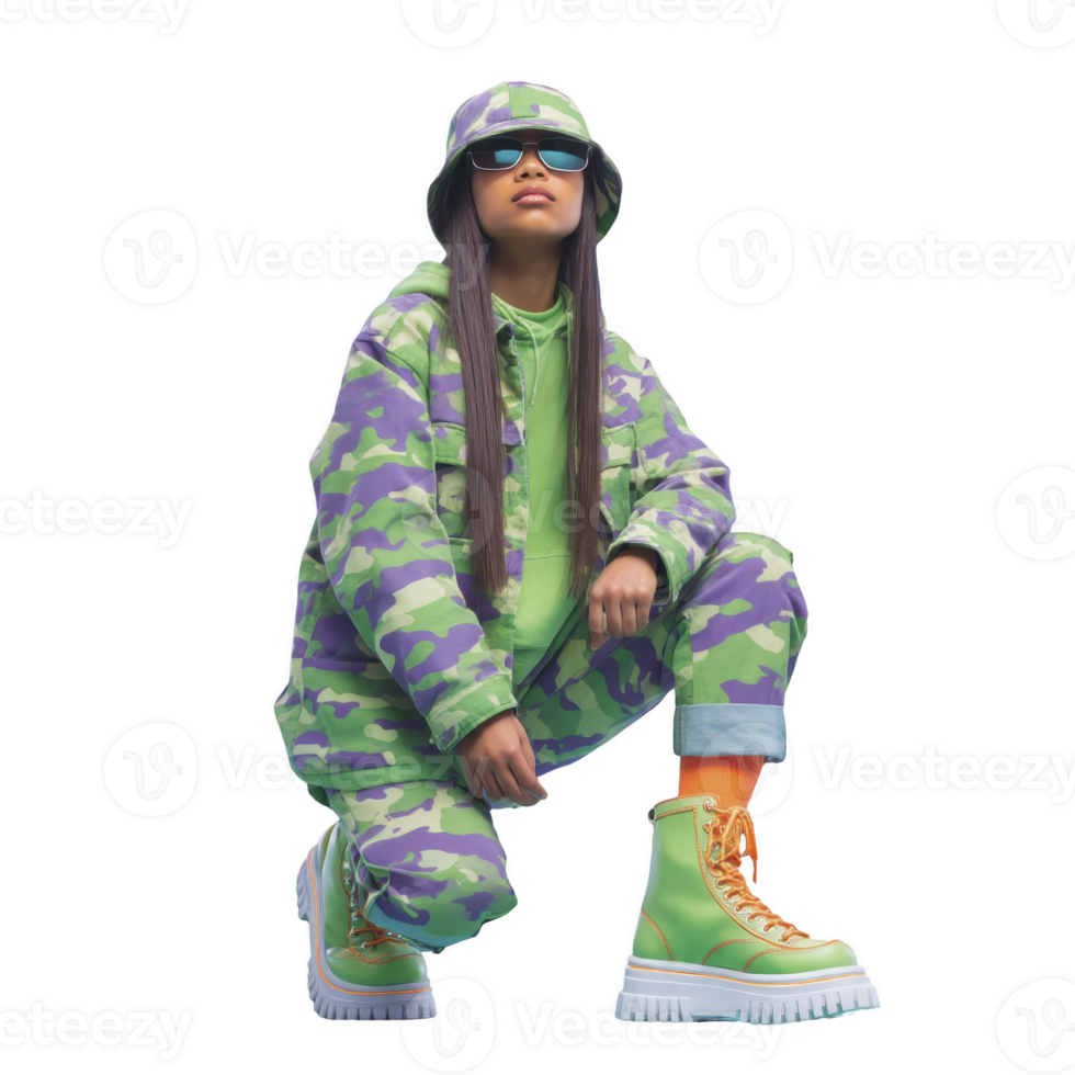 Person wearing vibrant green and purple camouflage outfit, including jacket, pants, and bucket hat, poses confidently. They sport sunglasses and bright green platform boots, exuding bold png
