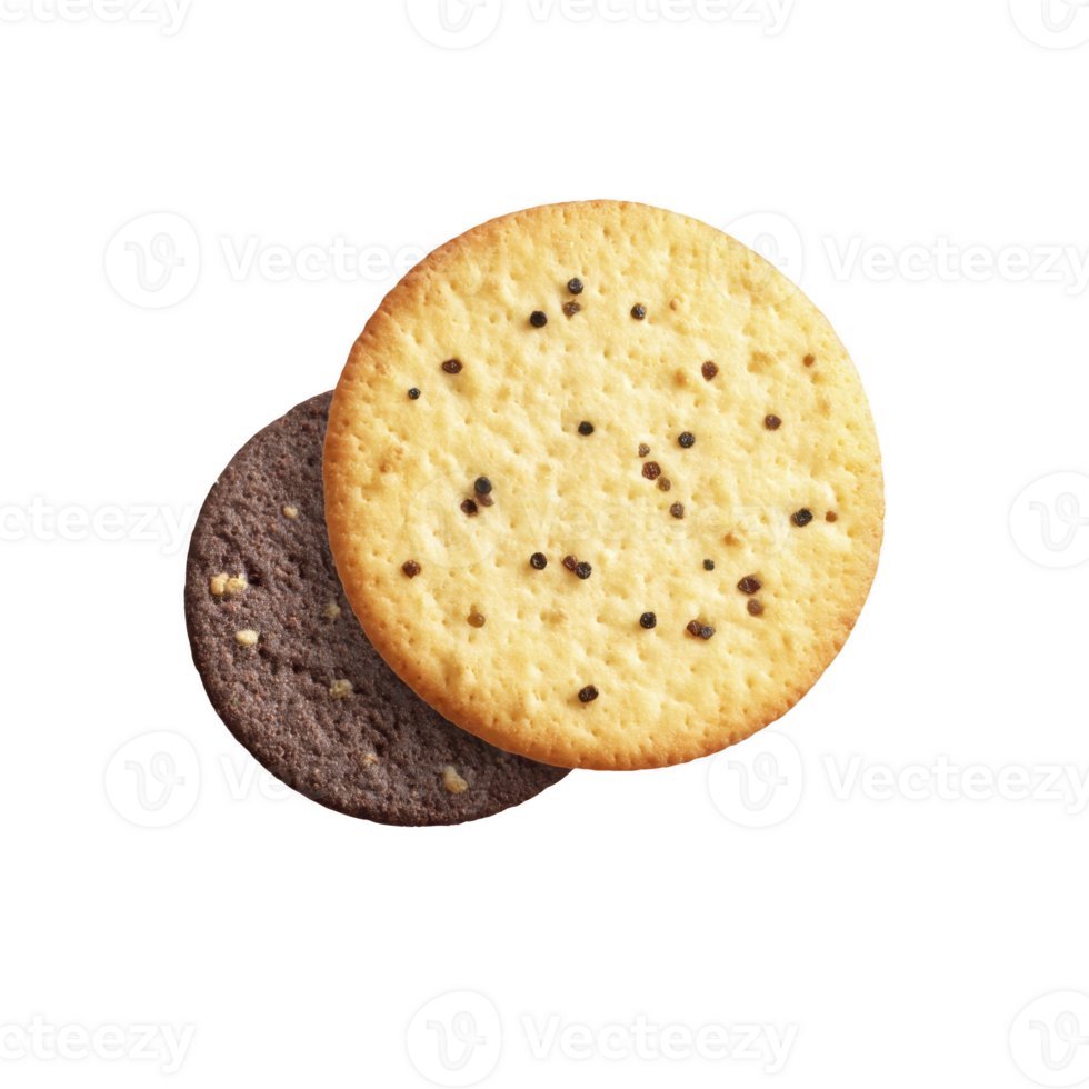 Two round cookies, one chocolate and one vanilla, are stacked with visible chocolate chips on vanilla cookie. image highlights contrast between dark and light cookies png
