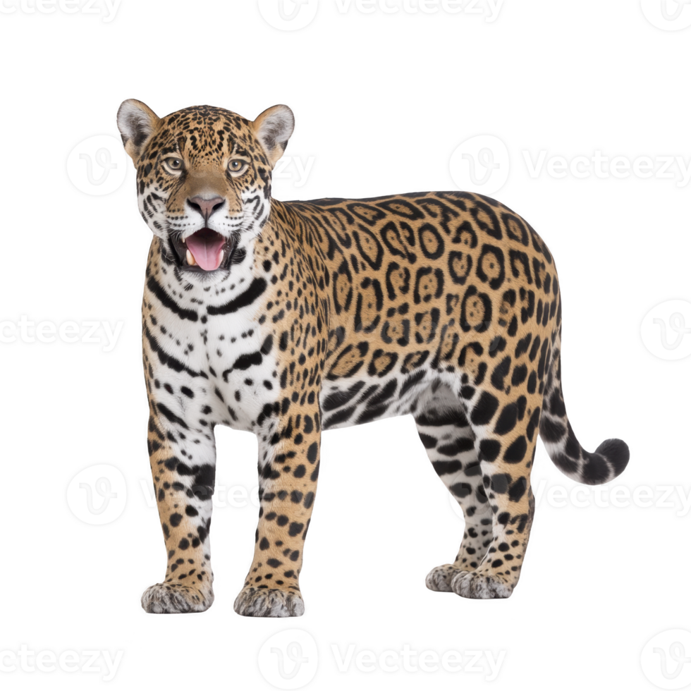 Majestic jaguar stands confidently, showcasing its striking spotted coat and powerful build. animal intense gaze and poised stance convey sense of strength and grace png