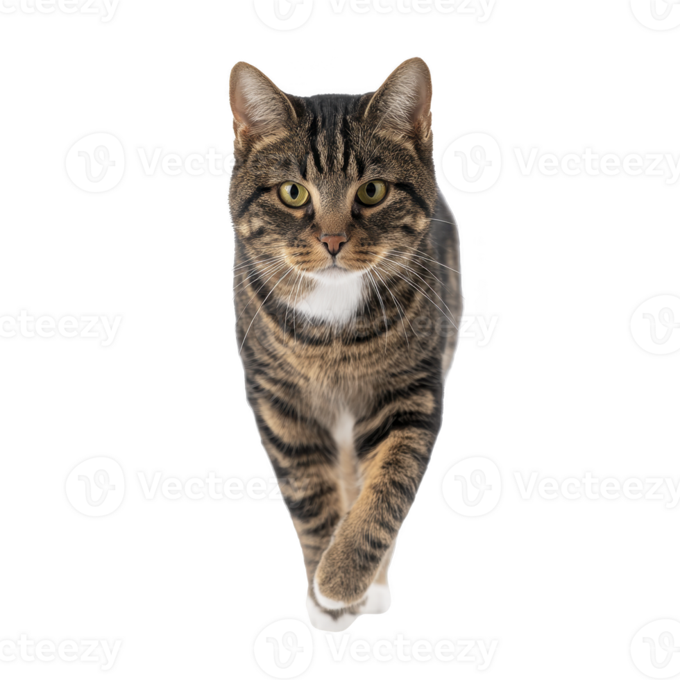 Tabby cat with striking green eyes confidently walks forward, showcasing its beautiful striped fur and alert expression. feline poised stance and focused gaze convey sense of curiosity and grace png