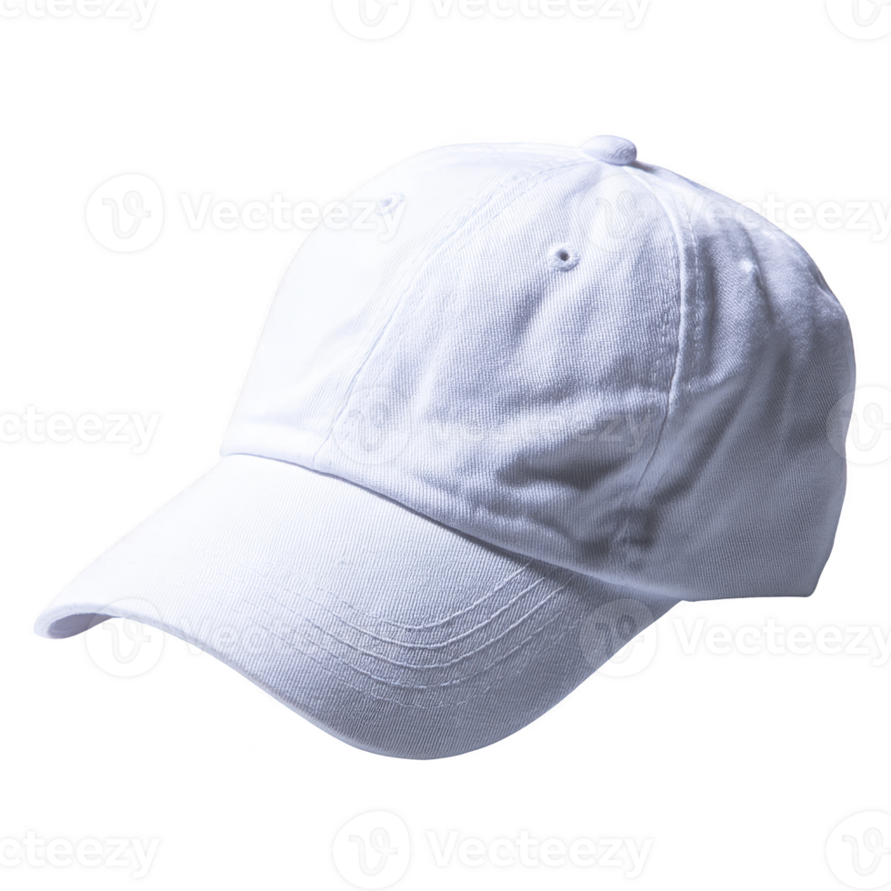 Plain white baseball cap is shown in image, featuring curved brim and adjustable strap. cap is made of cotton fabric, offering casual and versatile style suitable for various occasions png