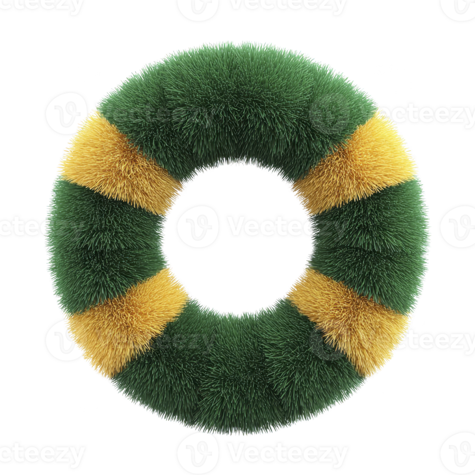 Circular, fluffy object with alternating green and yellow sections, resembling soft, textured wreath or ring. vibrant colors and fuzzy texture create playful and inviting appearance png