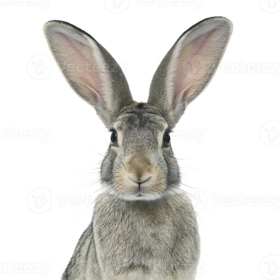 Cute rabbit with large ears and curious expression is shown against plain background. rabbit fur is mix of gray and white, giving it soft and fluffy appearance png