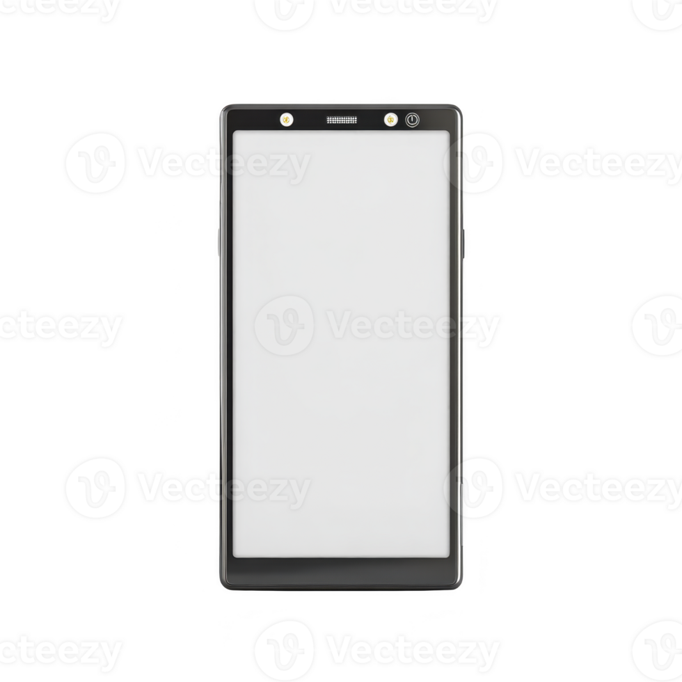Sleek black smartphone with large blank screen, isolated on transparency background. device features modern design, suitable for various digital applications and communication needs png