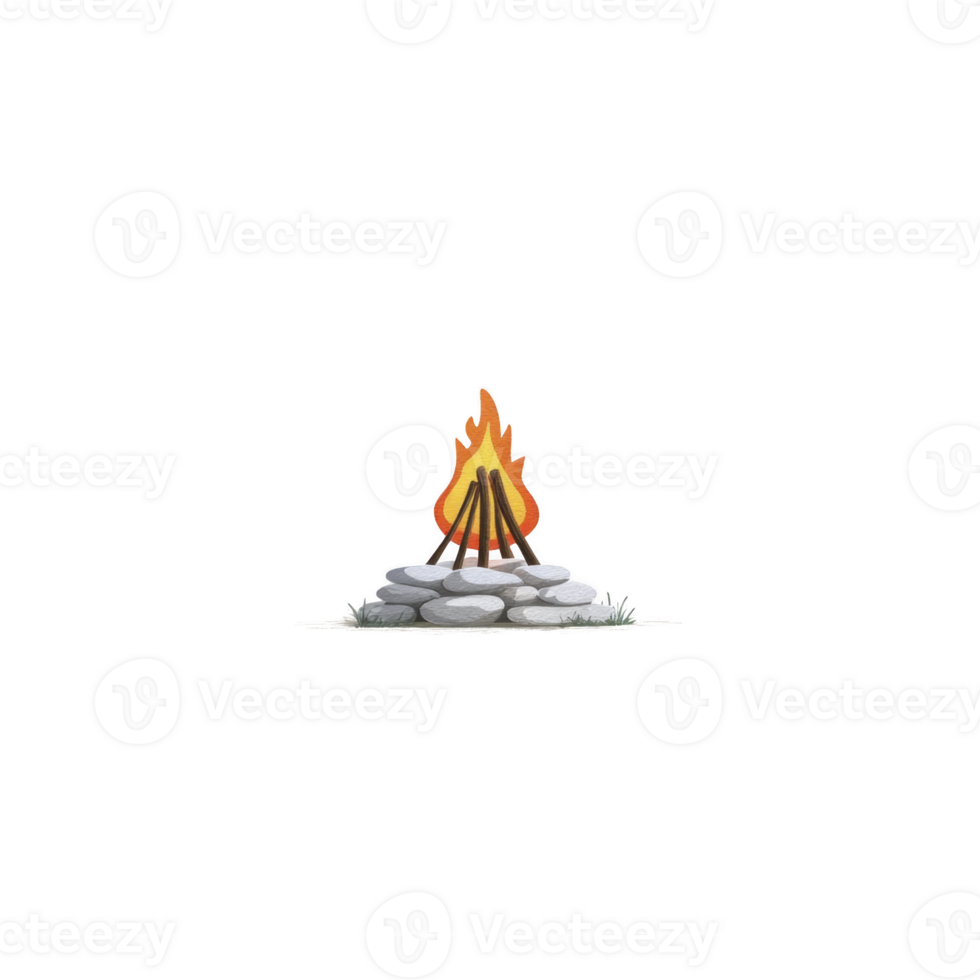 Small campfire burns brightly, surrounded by circle of gray stones on patch of grass. flames flicker upwards, creating warm and inviting atmosphere, perfect for outdoor gatherings png