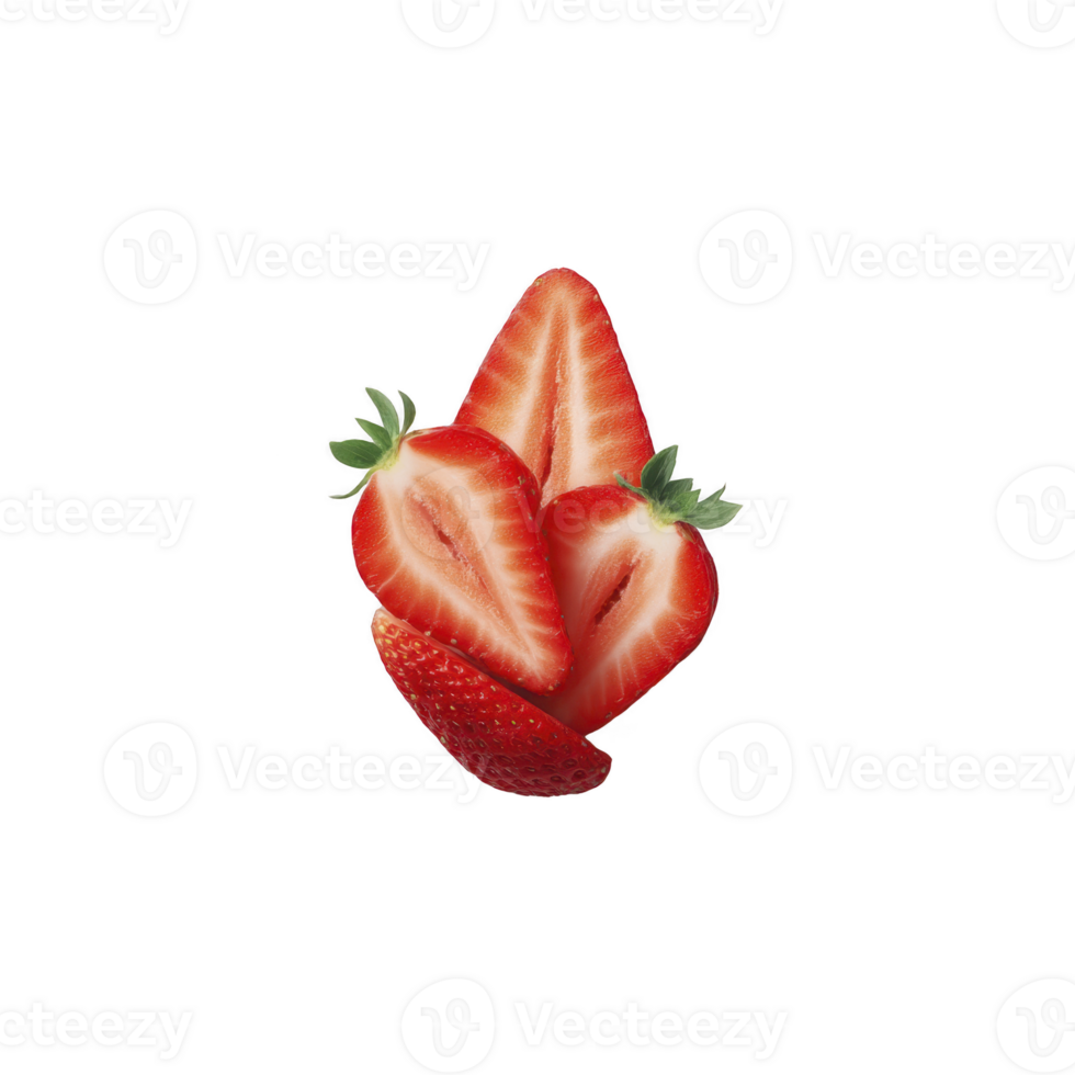 Freshly sliced strawberries arranged in creative pattern, showcasing their vibrant red color and juicy texture. green leaves add touch of contrast, enhancing visual appeal png