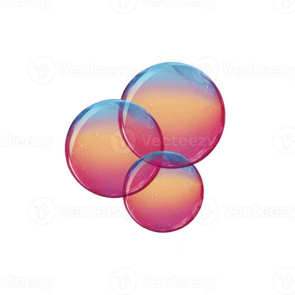 Colorful overlapping soap bubbles with gradient of pink, orange, and blue hues create whimsical and dreamy effect against transparent background png
