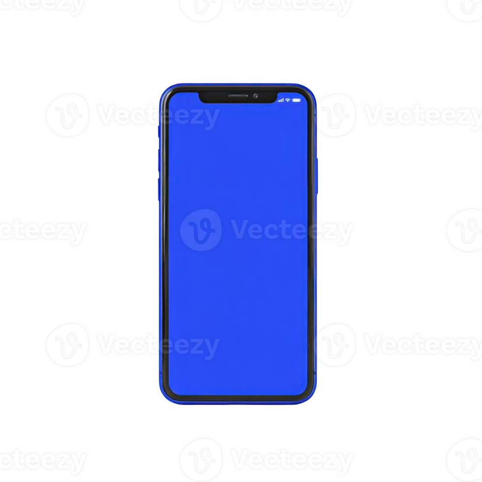 Smartphone with blue screen is displayed against transparency background, showcasing modern design with notch at top. device appears sleek and minimalistic png