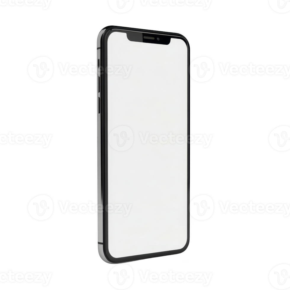 Sleek, modern smartphone with blank screen is displayed at angle, showcasing its minimalist design and thin profile. device is set against plain background png