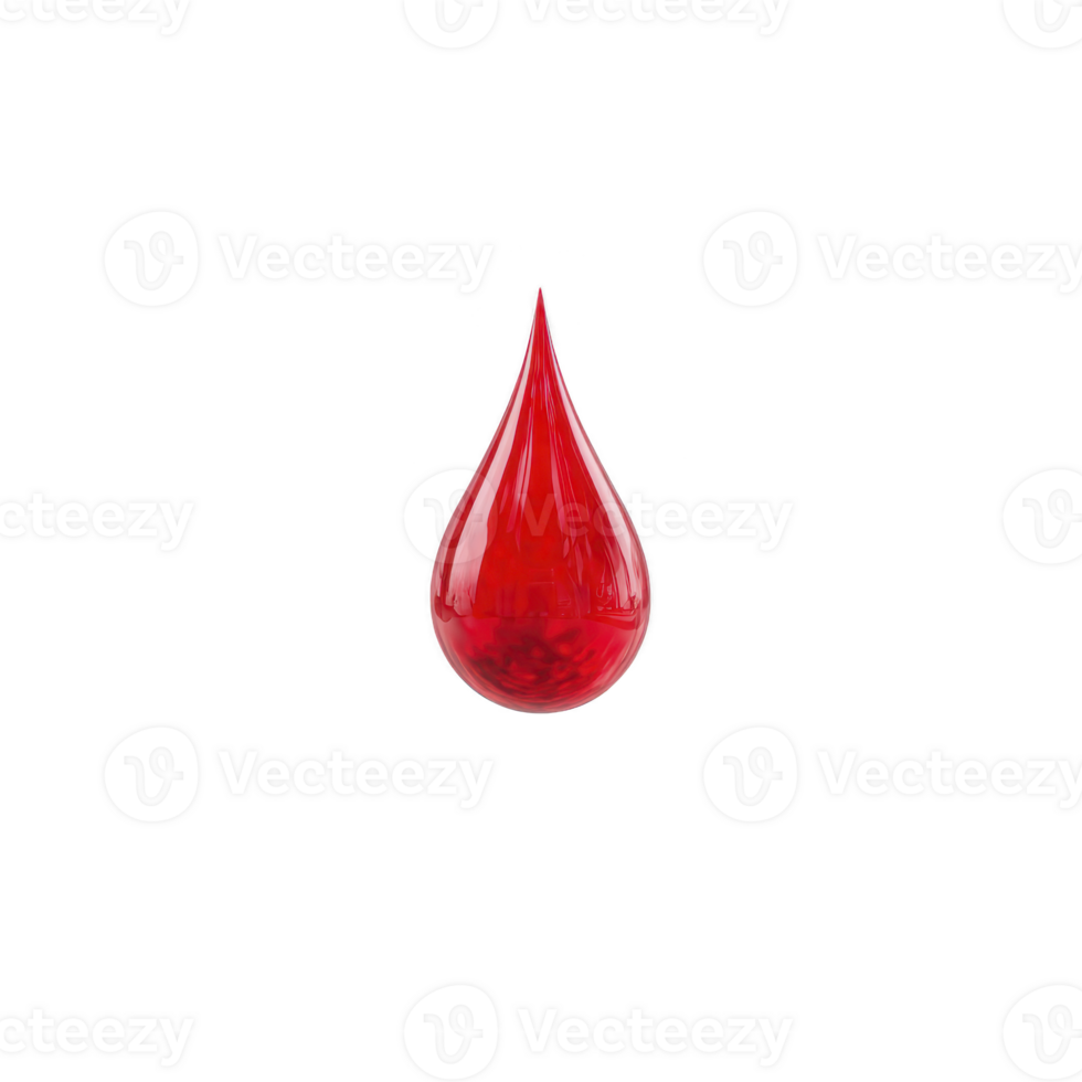 Single red blood drop isolated on transparency background, symbolizing health, donation, and medical themes. vibrant color and simplicity convey sense of urgency and importance png
