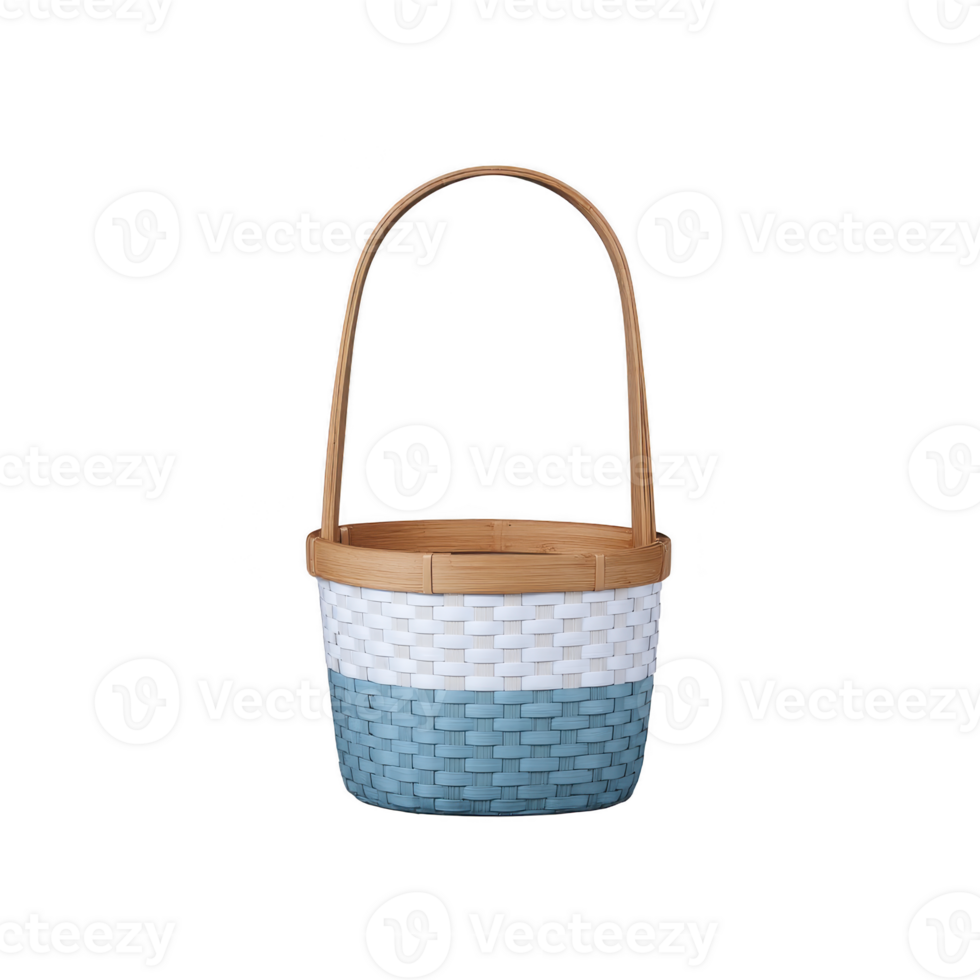 Woven basket with handle features two tone design in white and blue, creating simple yet elegant look. basket is ideal for storage or decorative purposes png