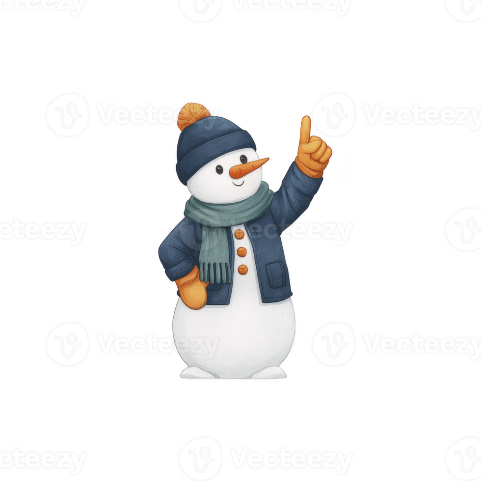 Cheerful snowman wearing blue jacket, hat, and scarf, with orange carrot nose, raises one arm playfully. snowman stands on transparency background, exuding festive winter vibe png