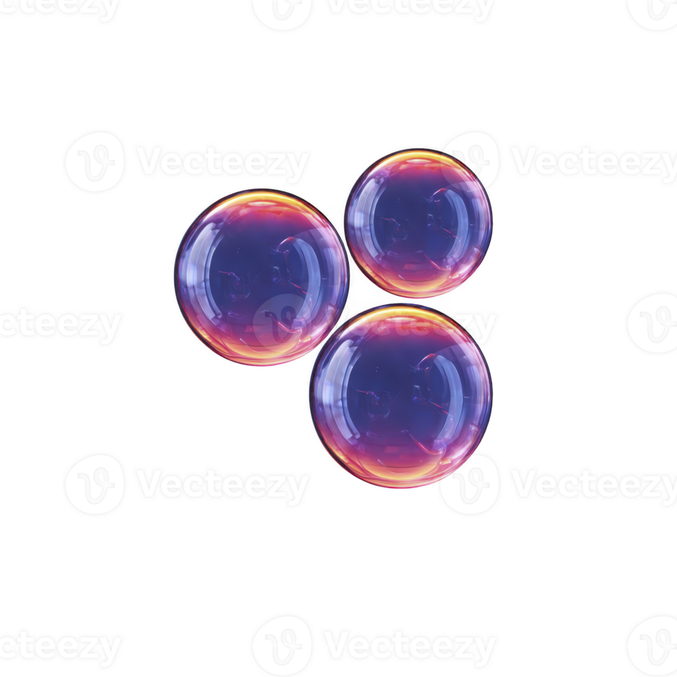 Three iridescent soap bubbles float against transparency background, displaying spectrum of colors including purple, pink, and orange. bubbles appear delicate and translucent, capturing light png