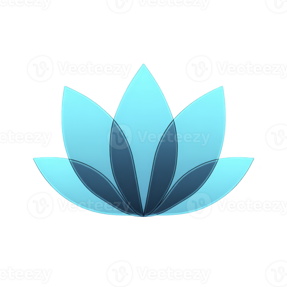 Stylized blue lotus flower with layered petals symbolizes tranquility and purity. gradient shades of blue create calming effect, often associated with meditation and wellness png