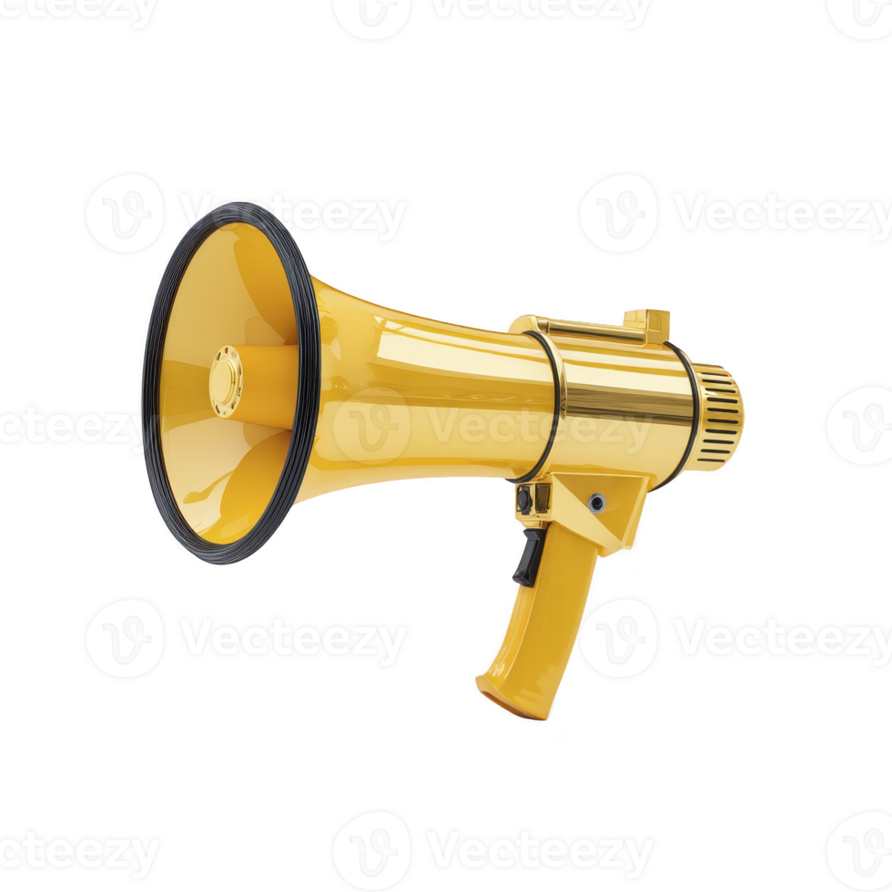Shiny yellow megaphone with black rim and handle is depicted against transparency background, showcasing its sleek and modern design png
