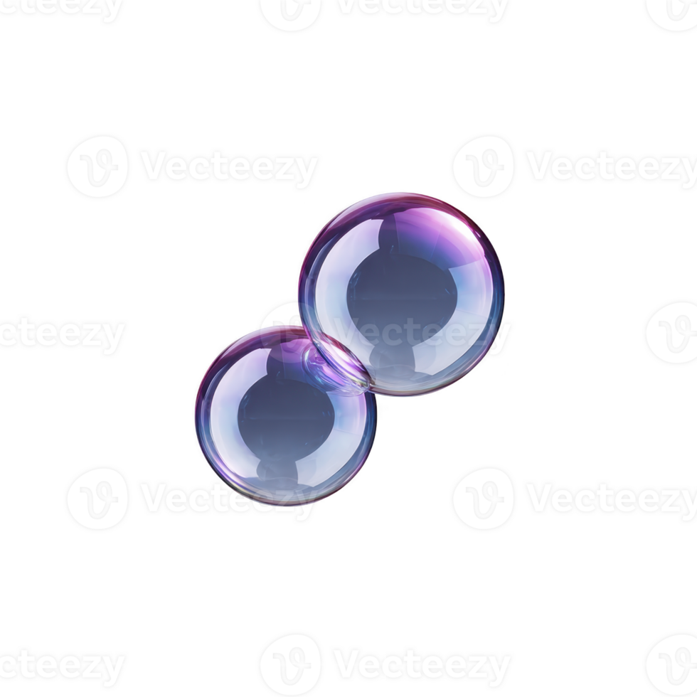 Two iridescent soap bubbles connected together, floating against transparent background, showcasing spectrum of colors. bubbles appear delicate and ethereal, reflecting light beautifully png