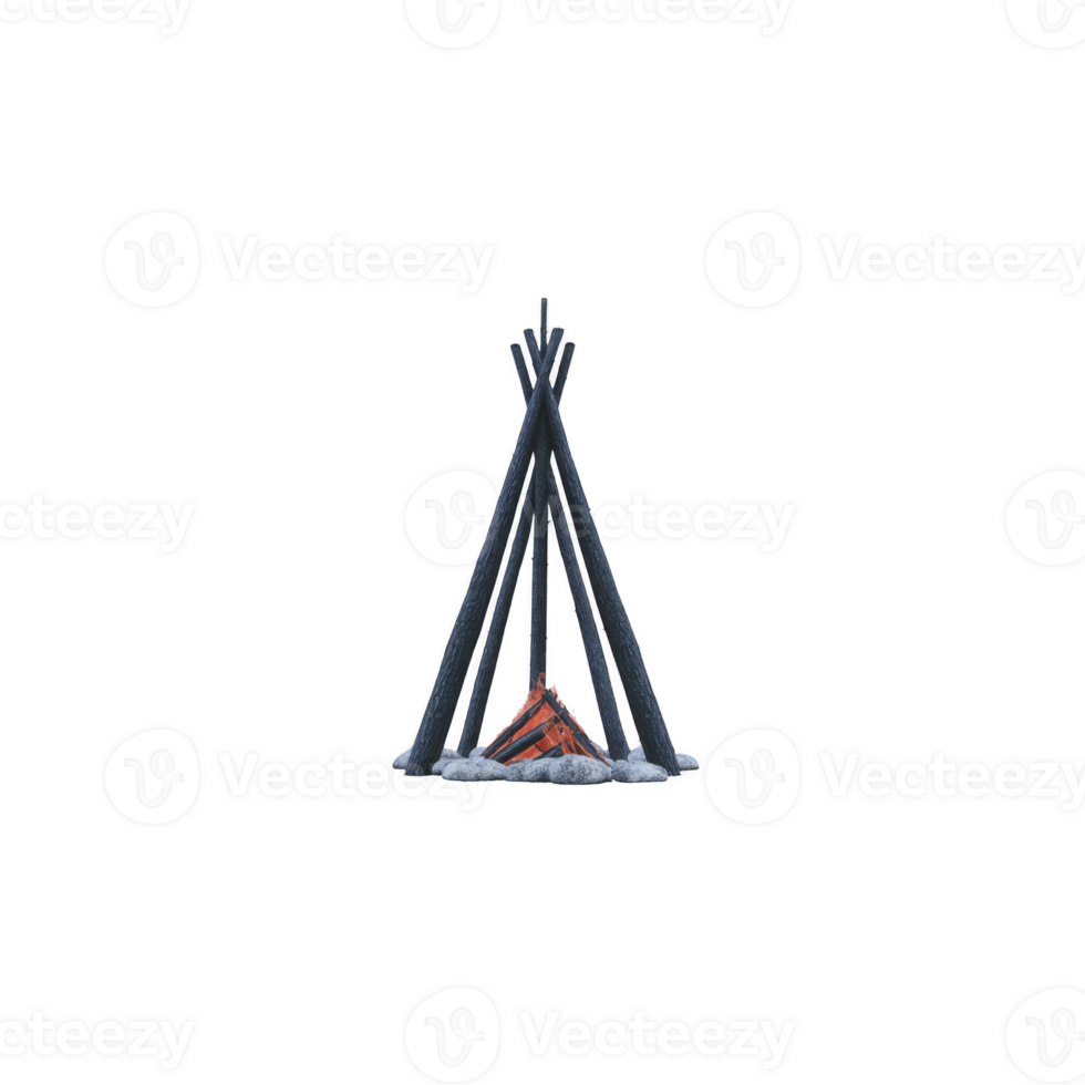 Small campfire with teepee structure made of logs and surrounded by stones, ready for lighting. setup is ideal for outdoor camping or survival situations png