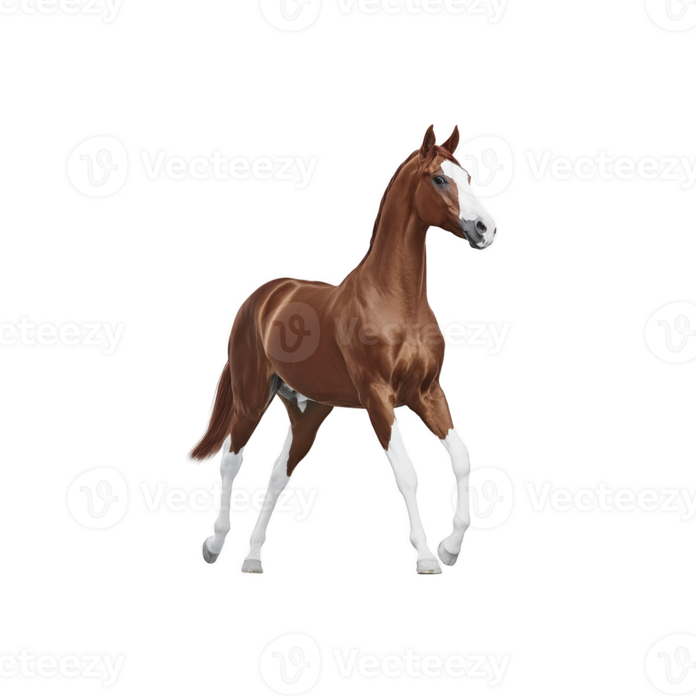Majestic brown horse with white blaze and socks stands gracefully, exuding elegance and strength. Its poised stance and glossy coat highlight its beauty and vitality png