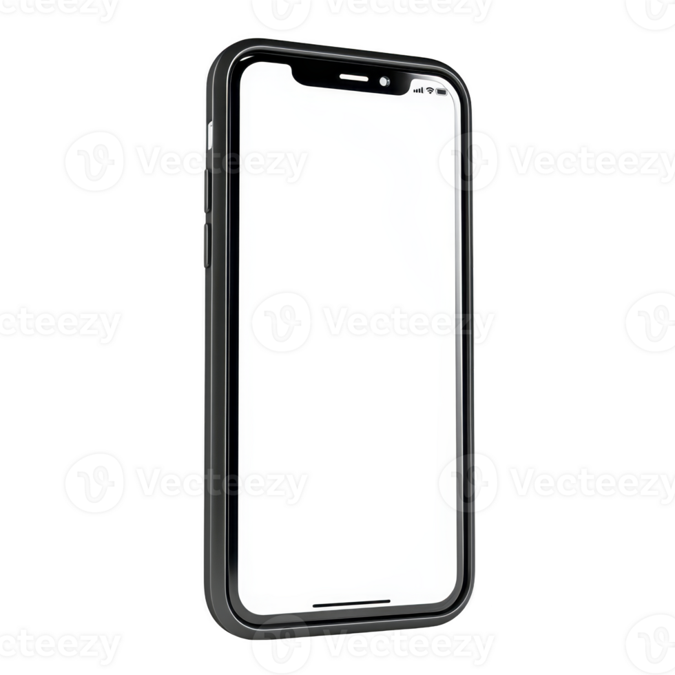 Sleek black smartphone with blank white screen is displayed at angle, showcasing its modern design and minimalistic style. device appears to be floating against plain background png