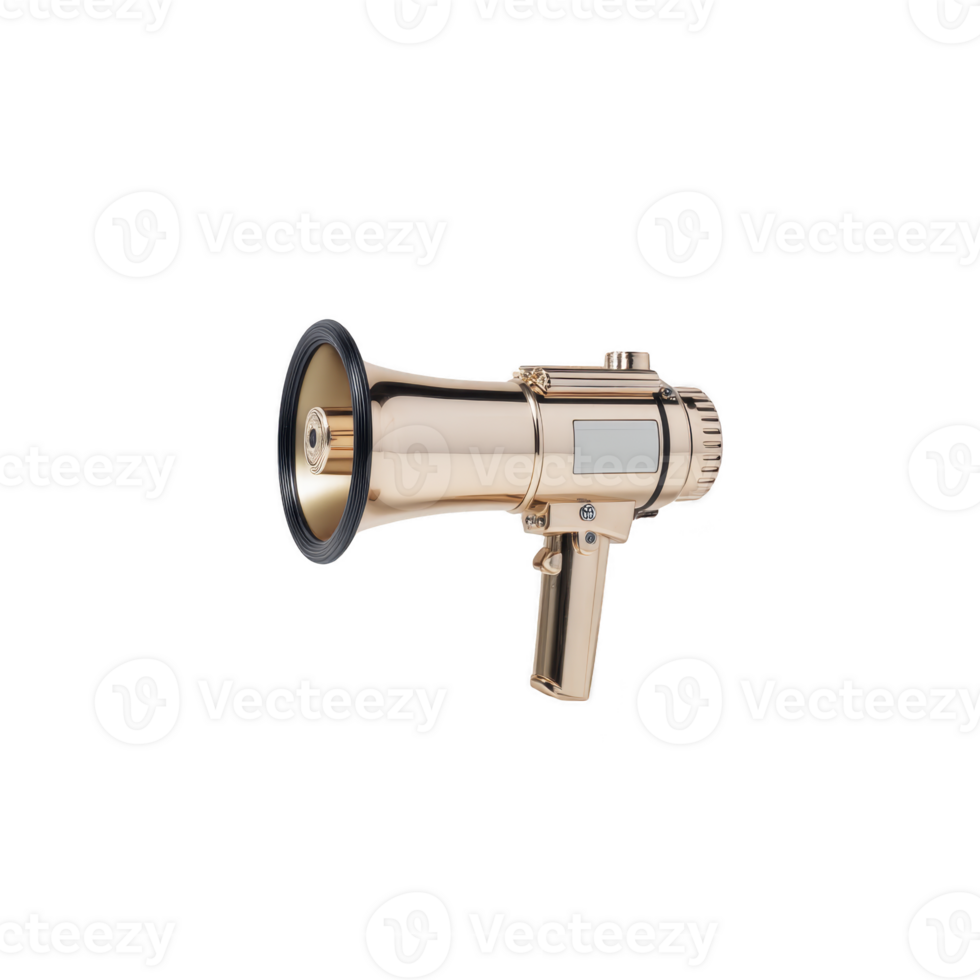 Shiny gold megaphone with sleek design and black accents, isolated on transparency background, exudes sense of luxury and modernity png